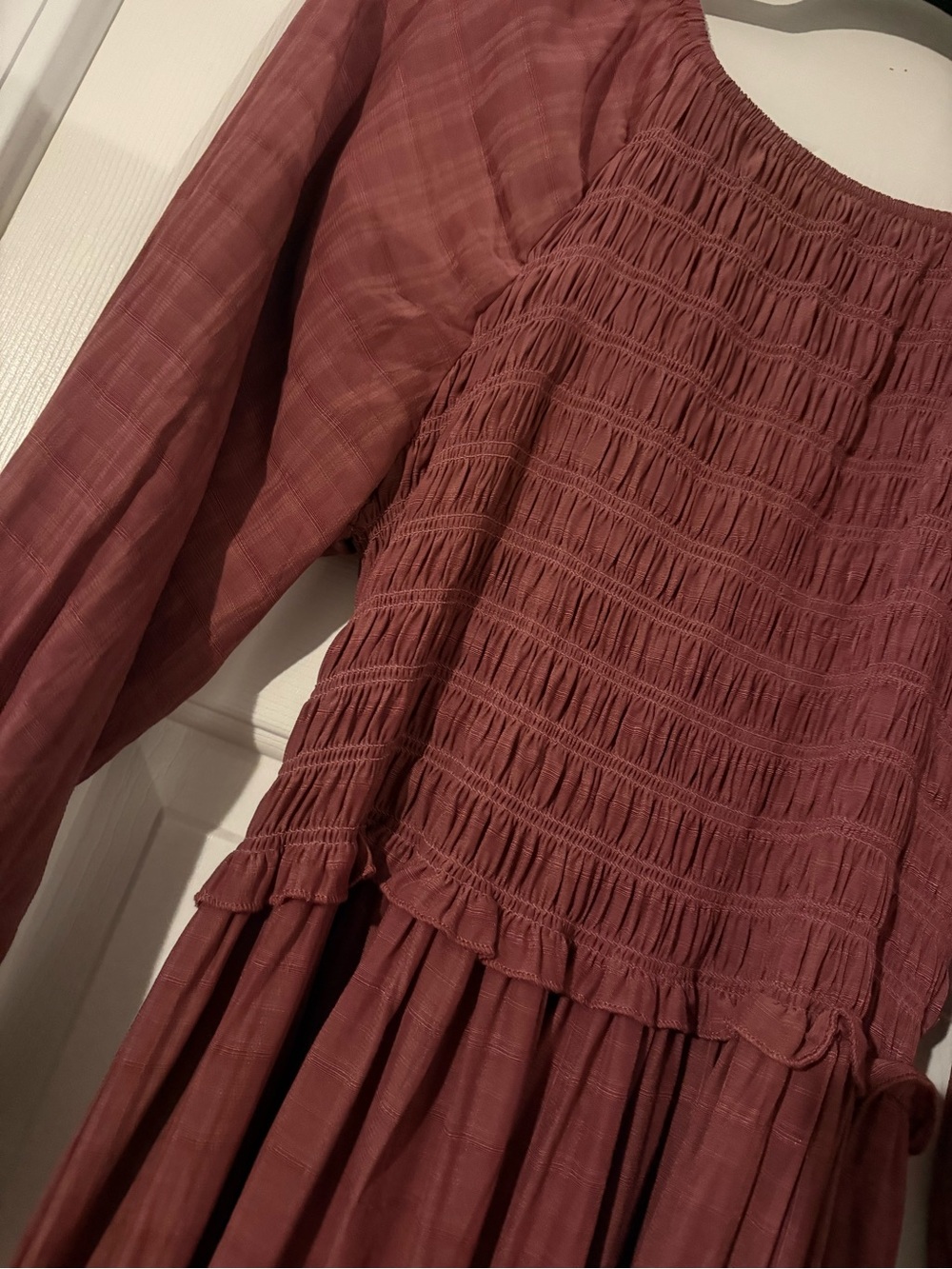 Women's Dusty Rose Long Tiered Maxi Dress with Smocked Bodice - Picture 3 of 5